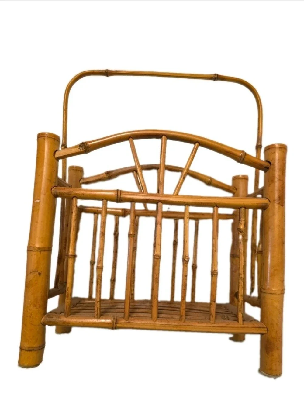 Vintage MCM Bamboo Rattan Magazine Rack Sunburst Arch Handle Boho Tiki Storage